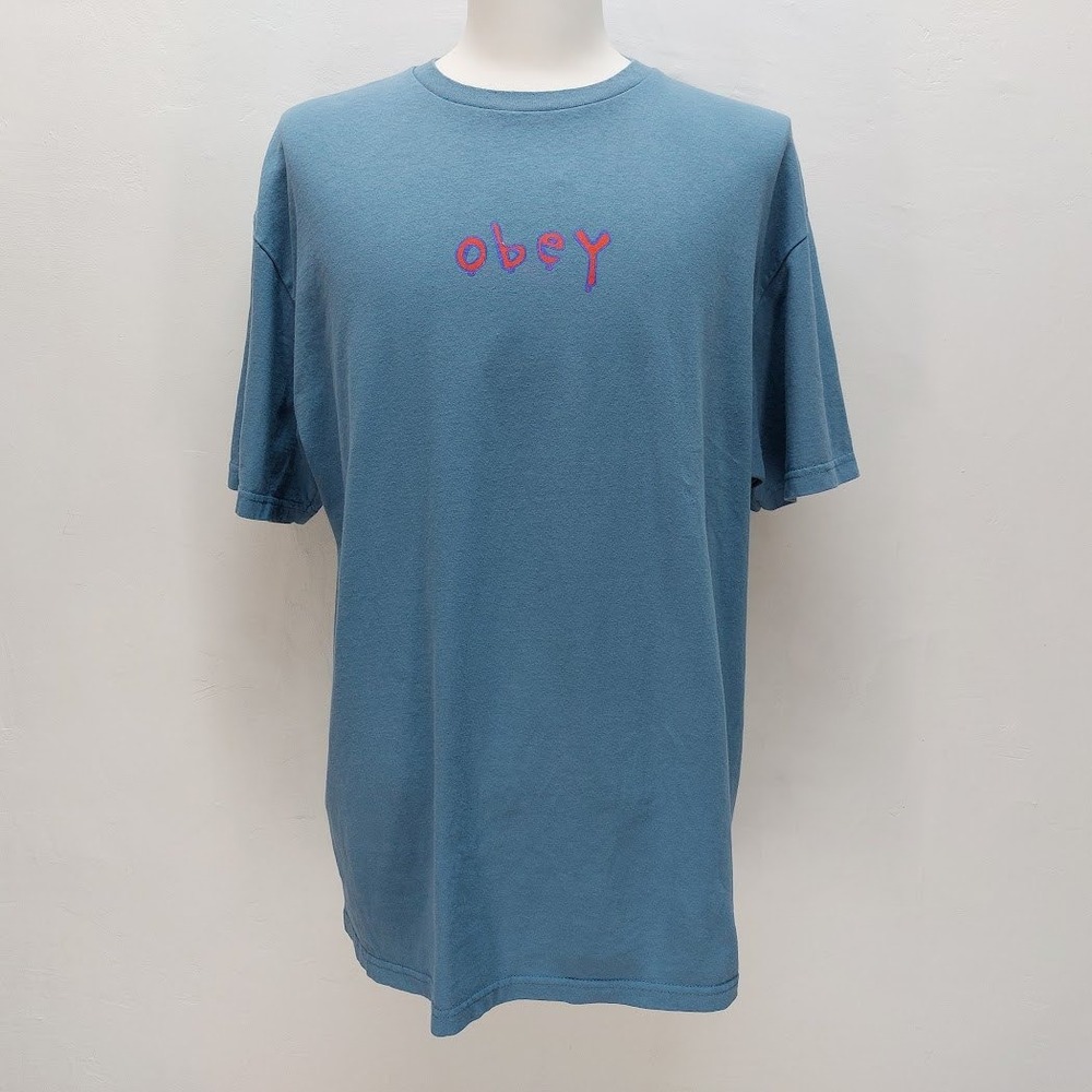Obey Graphic T-Shirt Men's XL Blue Drip Logo Streetwear Short Sleeve Cotton Tee